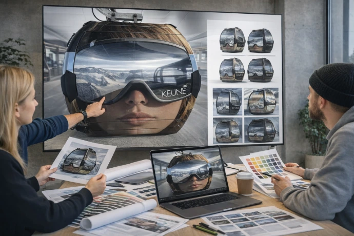 Planung und Visualisierung einer Gondelbeklebung im Designprozess. 3D-Renderings und Farbabstimmungen sorgen für eine perfekte Umsetzung vor der Produktion.